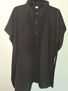 Women's Black Button-Front Blouse with Short Dolman Sleeves